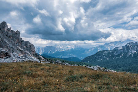 Panoramic view of Croda da Lago a mountain range in the central Dolomites, northern Italy.の写真素材