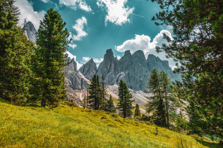 Panoramic view of the Odle mountain peaks, Italy.の写真素材