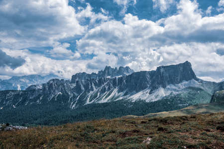 Panoramic view of Croda da Lago a mountain range in the central Dolomites, northern Italy.の写真素材