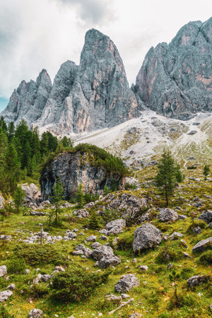 Panoramic view of the Odle mountain peaks, Italy. Adolf Munkel way.の写真素材