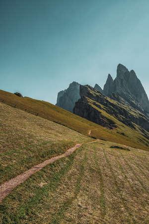 Hiking trails in the Dolomites in South Tyrol.Italy. Hiking trails to the top of the Seceda.の写真素材