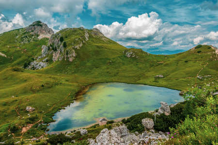 Valparola Pass with Lake Valparola in the foreground, Italy.の写真素材