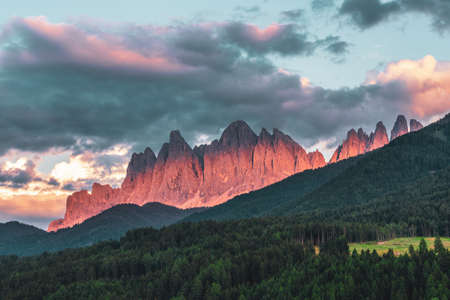 Panoramic view of the Dolomites, Italy. Odle mountain peaks.の写真素材