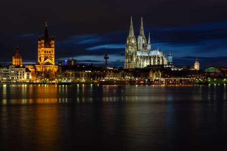 Flood in cologne at night. Cologne Cathedral.の写真素材