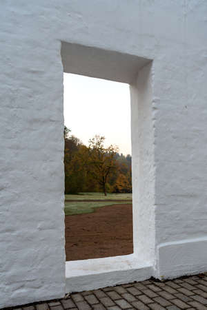 white house facade with windowの写真素材