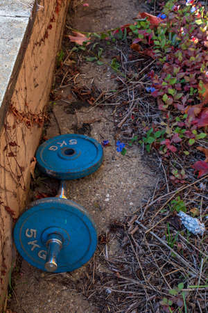 closeup of old dumbbellsの写真素材
