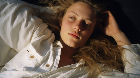 A woman lies in bed with closed eyes peacefully. Stress-free, happiness and mental healthの素材