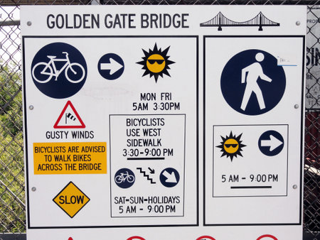 SAN FRANCISCO - JUL 22 : Golden Gate Bridge Rules Sign. List of forbidden things and information to cross the bridge, Northern California on July 22, 2010 in San Francisco, USAのeditorial素材