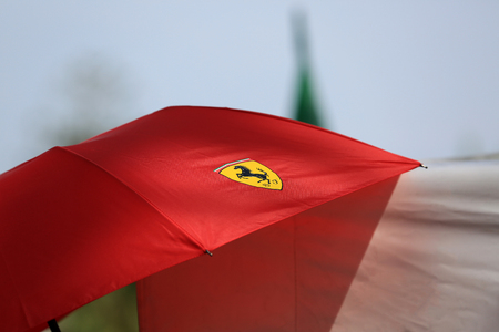 Monte Carlo, Monaco - May 28, 2016: Ferrari Red Umbrella For Sale During the Monaco Formula 1 Grand Prix 2016のeditorial素材
