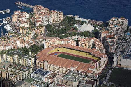 Fontvieille, Monaco - June 1, 2016: Aerial view of Stade Louis II and Fontvieille District in Monaco, south of Franceのeditorial素材