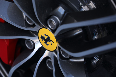 Monte-Carlo, Monaco - March 17, 2018: Ferrari Emblem. Close-up of a Car Alloy Wheel Rim of a Sports Carのeditorial素材