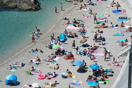 Villefranche-sur-Mer, France - May 20, 2018: Aerial View Of People Relaxing Vacation Sea Beach Destination. Swimming In Clear Sea Water In The French Riviera, France, Europeのeditorial素材