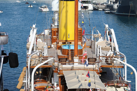 Monte-Carlo; Monaco - May 24; 2018: Rear View of a Vintage Luxury Sailboat In The Monte-Carlo...