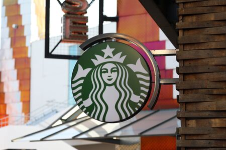 Chessy, France - October 13, 2018: Starbucks Sign Is Displayed At The Facade Of A Starbucks Store. Starbucks Corporation Is An American Coffee Company And The Largest Coffeehouse Company In The World With 28,278 Stores In 76 Countriesのeditorial素材