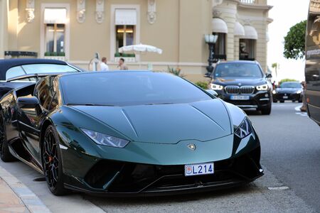Monte-Carlo, Monaco - September 19 2018: Luxury Green Lamborghini Huracan Performante Spyder 2018 (Front View) Parked in Front of the Monte-Carlo Casino in Monacoのeditorial素材
