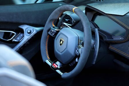 Monte-Carlo, Monaco - September 19 2018: Interior Cockpit Of A Luxury Lamborghini Huracan Performante Spyder, View Of The Steering Wheel Of The New Lamborghini Sports Carのeditorial素材
