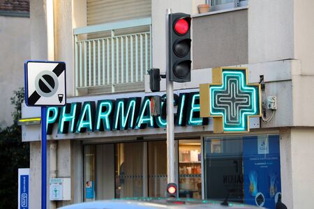 Roquebrune-Cap-Martin, France - December 5, 2018: Facade Of A French Pharmacy In Roquebrune-Cap-Martin, French Riviera, France, Europe, Closeup Viewのeditorial素材