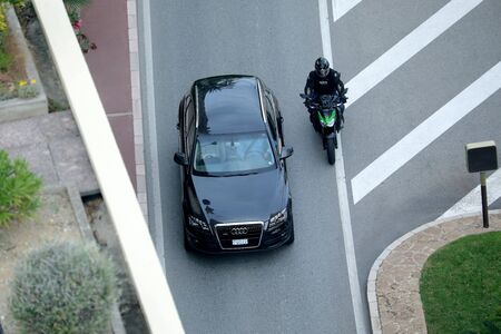 Monte-Carlo, Monaco - October 5 2018 : Aerial View Of Audi Q7 Full-Size Luxury Crossover SUV (Top View) Driving On The Boulevard Du Larvotto In Monaco, French Rivieraのeditorial素材