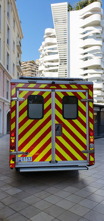 Monte-Carlo, Monaco - March 31, French Red And White Fire Department Van Ambulance (Rear View)...