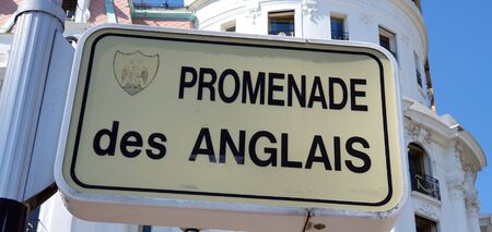 Nice, France - May 1, 2019: Promenade Des Anglais Sign In Nice With The Negresco Hotel In The Background On The French Riviera, France, Europeのeditorial素材