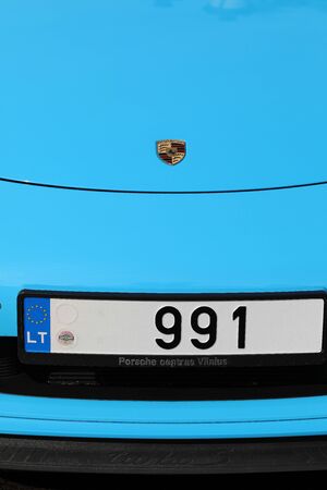 Monte-Carlo, Monaco - June 20, 2019: Turquoise Porsche 911 Carrera Turbo S (991) Hood, Car Parked In Front Of The Monte Carlo Casino In Monaco On The French Riviera, Europe. Close Up Front Viewのeditorial素材