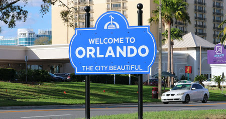 Orlando, Florida / USA, March 3, 2019: Welcome To Orlando The City Beautiful Sign On The International Drive In Orlando, Florida, United States