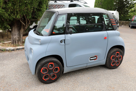 Seillans, France - June 19, 2021: French Small Citroen Ami Electric Two-Seater Micro-City Car Parked...