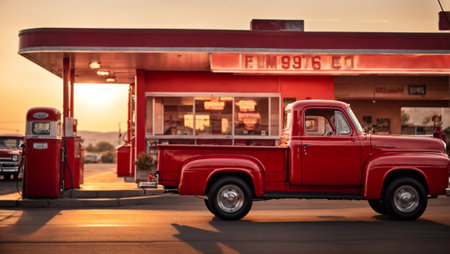 Cinematic wide shot of a red classic pickup stopped at a 1950s-style gas station on Route 66 at dusk.の素材