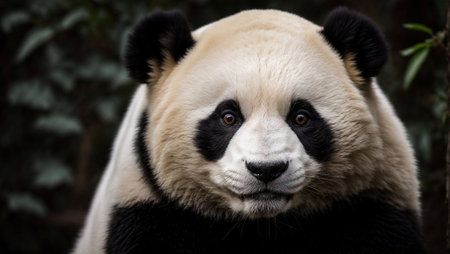 Extreme close-up of a panda's head with intricate fur details against a black backdropの素材