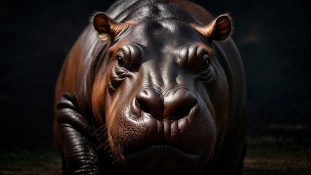 Experience the majesty of a hippopotamus in a striking close-up portrait. With its detailed features and powerful presence, this high-quality photograph highlights the essence of this remarkable creature against a black backdropの素材