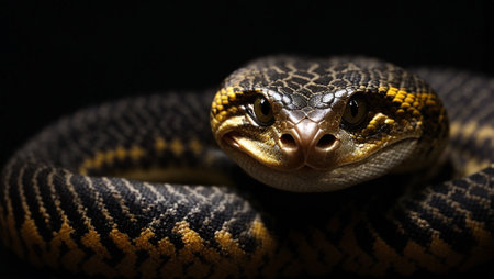 A detailed close-up of a snake's head against a completely black background. This photorealistic image embodies both the snake's elegance and ferocity, creating a dramatic and captivating visualの素材