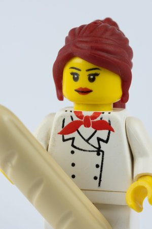 NEWCASTLE, NSW/ AUSTRALIA - March 23 2019: Close up image of lego minifigure posing as a baker...