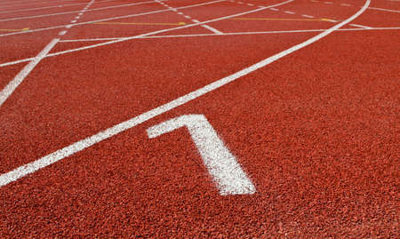 Start track  Lanes 1 of a red racing track の写真素材