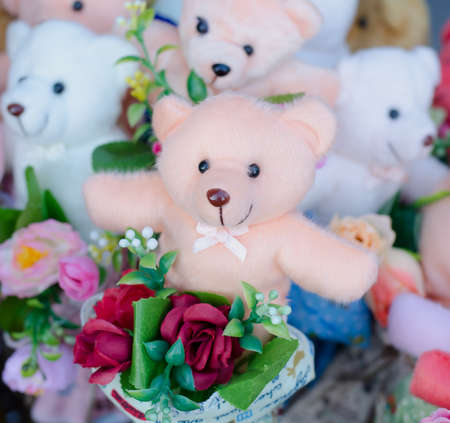 Teddy bear hold  bouquet of flowersの写真素材
