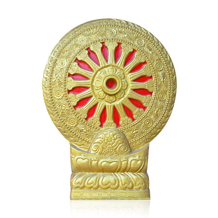 Thai style golden molding wheel of life at Thai temple isolated on white with working path