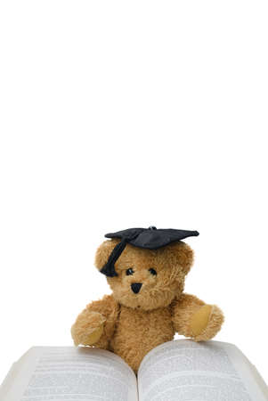 graduate bear doll reading book on white backgroundの写真素材