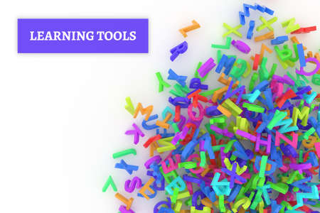 Learning tools conceptual with stack of colorful alphabets letters from A to Z for education, isolated on white background, 3D rendered imageの写真素材