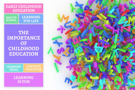 The importance of childhood education conceptual word cloud with stack of colorful alphabets letters from A to Z, isolated on white background, 3D rendered imageの写真素材