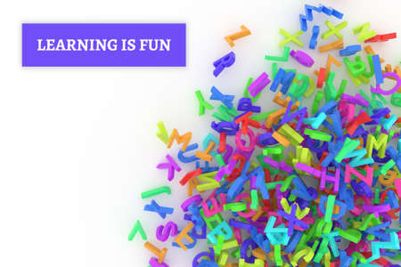 Learning is fun conceptual with stack of colorful alphabets letters from A to Z for education, isolated on white background, 3D rendered imageの写真素材