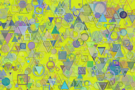 Abstract embossed & random circle, square, rectangle & triangle shape, digital generative art for design texture & backgroundの写真素材