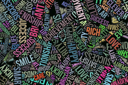 Happy word cloud, abstract embossed, for web page, graphic design, catalog, textile or texture printing & background.の写真素材