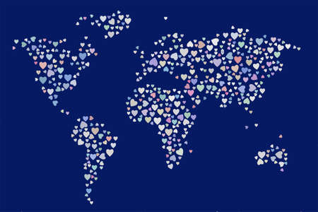 Abstract colored heart or love on world map shape pattern. Good for web page, wallpaper, graphic design, catalog, texture or background.No overlaping. Vector graphic.のイラスト素材