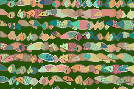 Colorful fish illustrations background, hand drawn vector graphic.のイラスト素材
