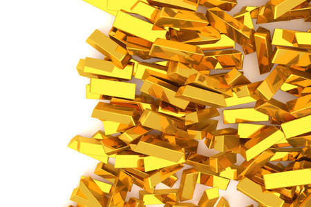 Bunch or pile of gold bars or brick, modern style background or texture. Good for business conceptual backdrop represent fortune, luck, treasure or rich. 3D rendered image.の写真素材