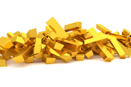Bunch or pile of gold bars or brick, modern style background or texture. Good for business conceptual backdrop represent fortune, luck, treasure or rich. 3D rendered image.の写真素材