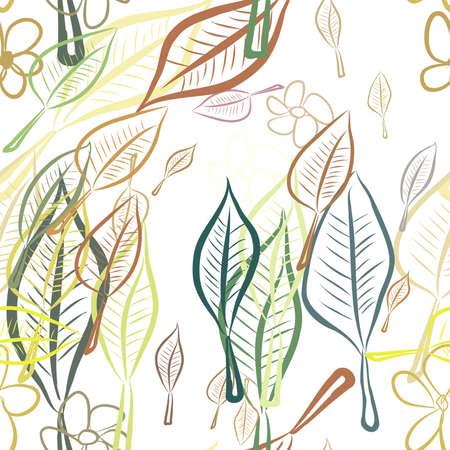 Seamless leaves & flower illustrations background abstract, hand drawn. Cartoon style vector graphic.のイラスト素材