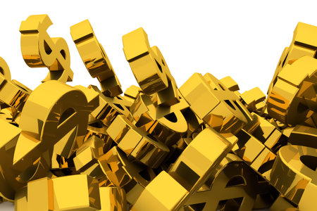 Bunch or pile of illustrative gold dollar sign, background isolated on white. Good for business...