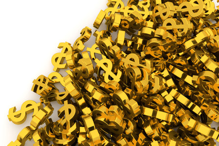 Bunch or pile of illustrative gold dollar sign, background isolated on white. Good for business...