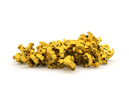 Bunch or pile of illustrative gold dollar sign, background isolated on white. Good for business conceptual backdrop represent fortune, luck, treasure or rich. 3D rendered image.の写真素材