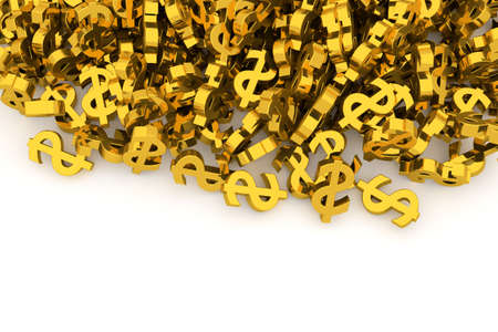 Bunch or pile of illustrative gold dollar sign, background isolated on white. Good for business conceptual backdrop represent fortune, luck, treasure or rich. 3D rendered image.の写真素材